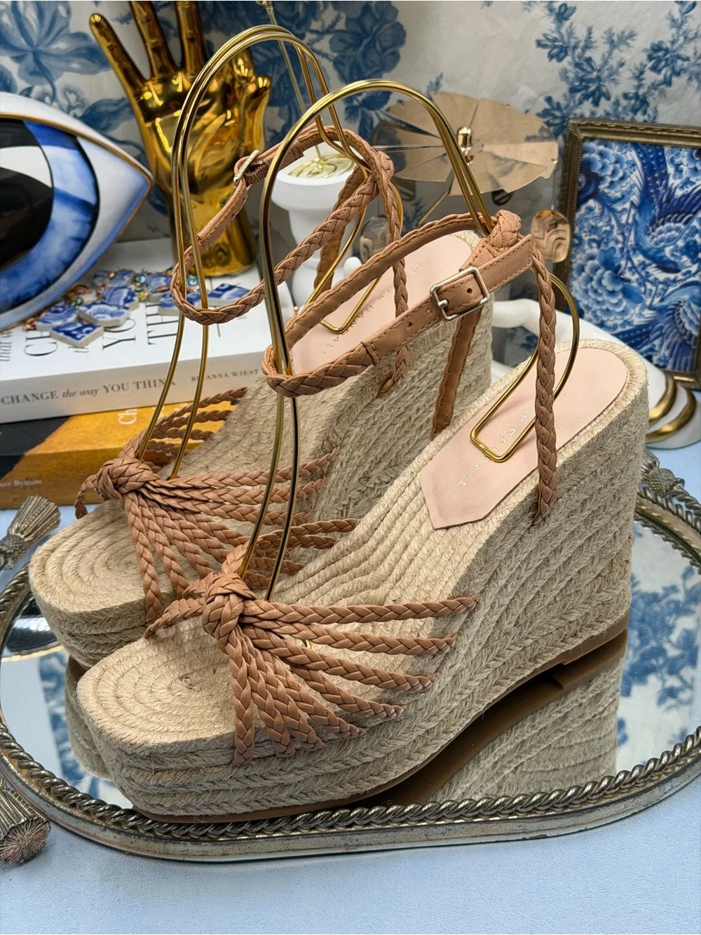 🆕 LOEFFLER RANDALL 🧿 NWOB Pamela Mignon Knot Braid Leather Wedge, Dune - Sz 9